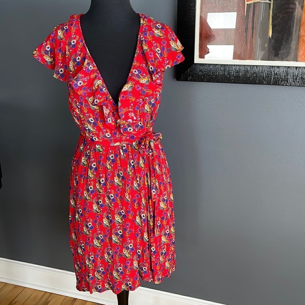 Anthropologie (Maeve) red crepe floral print faux wrap ruffle neckline midi. NWT